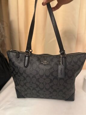 Coach Black Signature Canvas Tote with Leather Trim